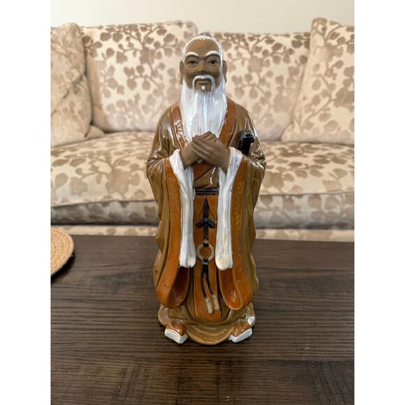 Chinese Shiwan Art Pottery Mudman Confucius with Walking Stick, 11.5” - Picture 2 of 8